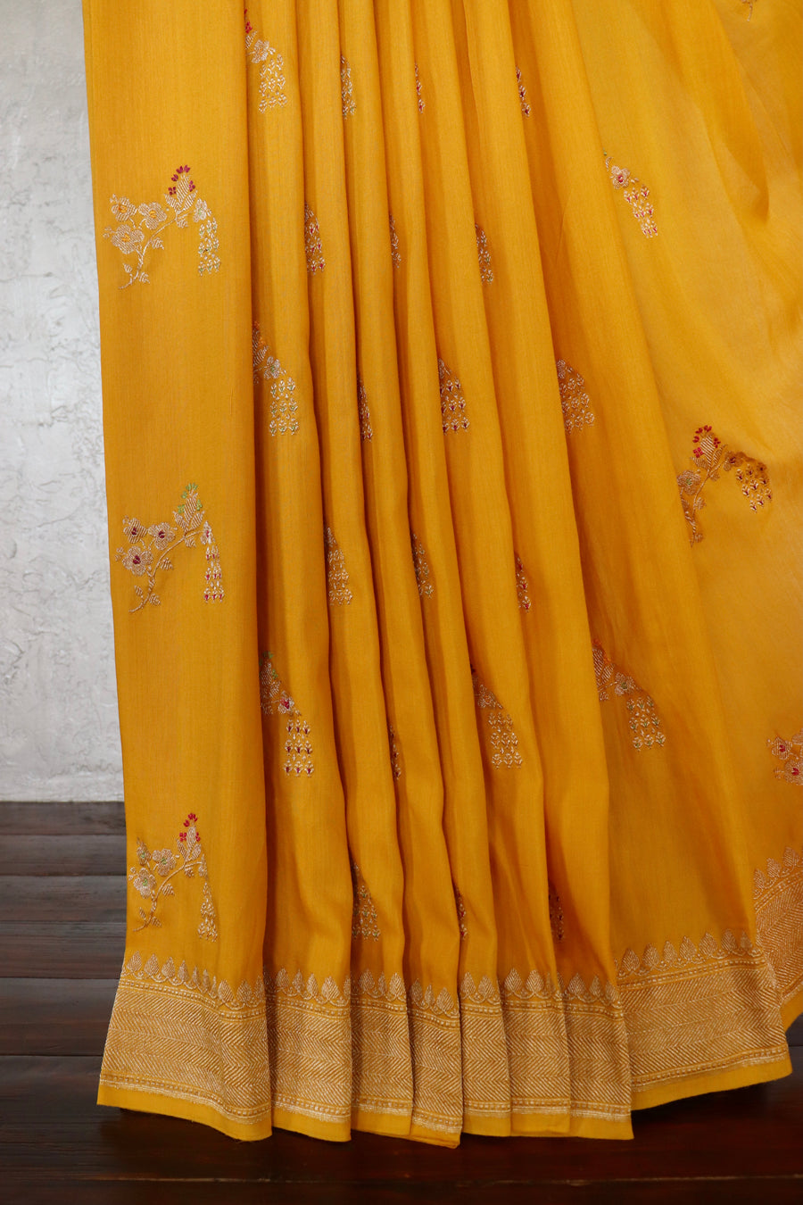 Marigold Meenakari Buti Kadhua Motif Munga Silk Handloom Saree