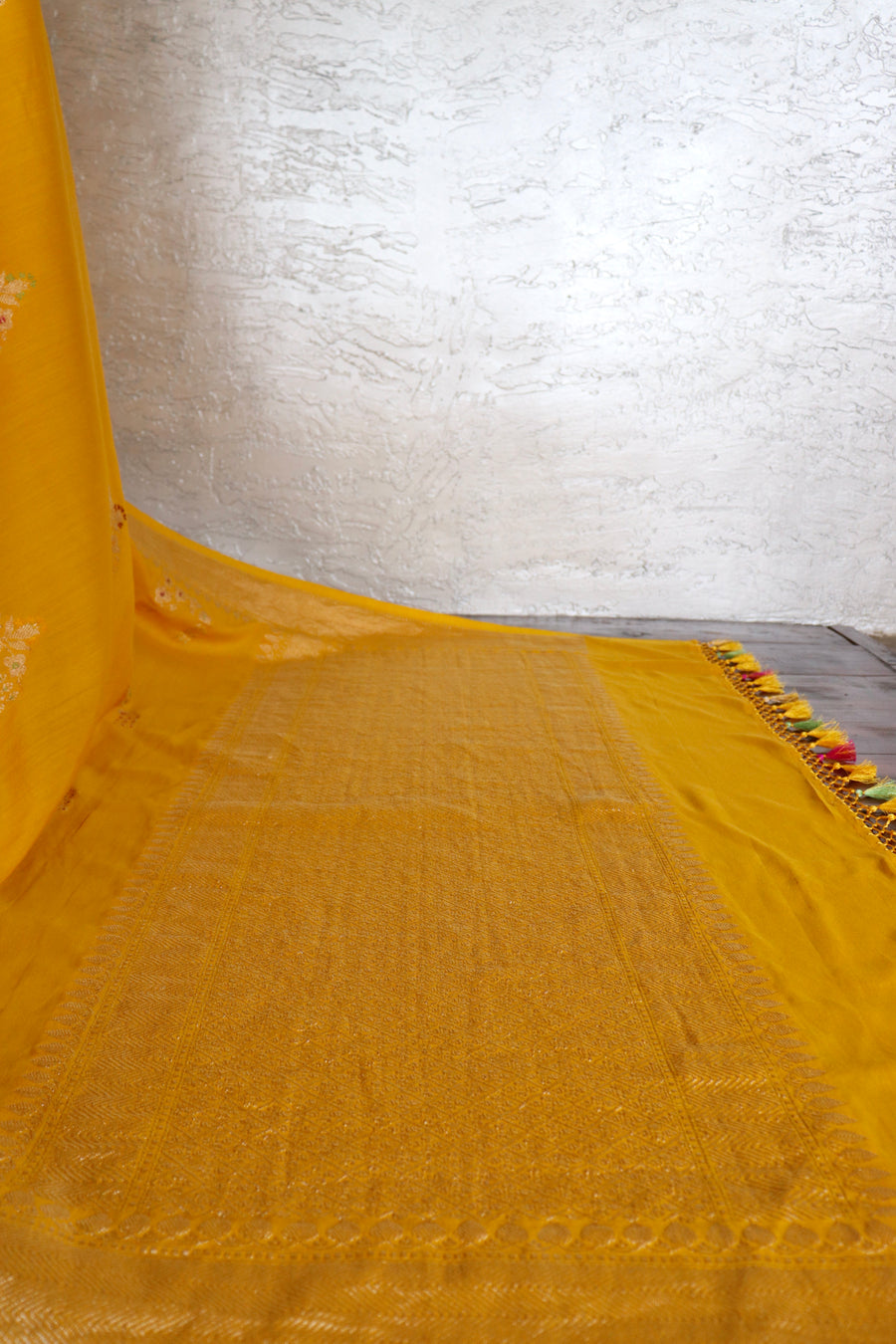 Marigold Meenakari Buti Kadhua Motif Munga Silk Handloom Saree