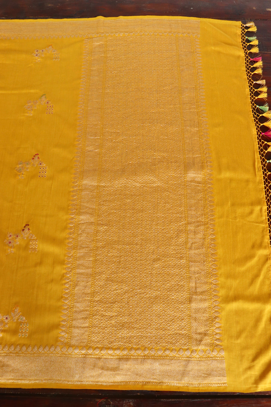 Marigold Meenakari Buti Kadhua Motif Munga Silk Handloom Saree