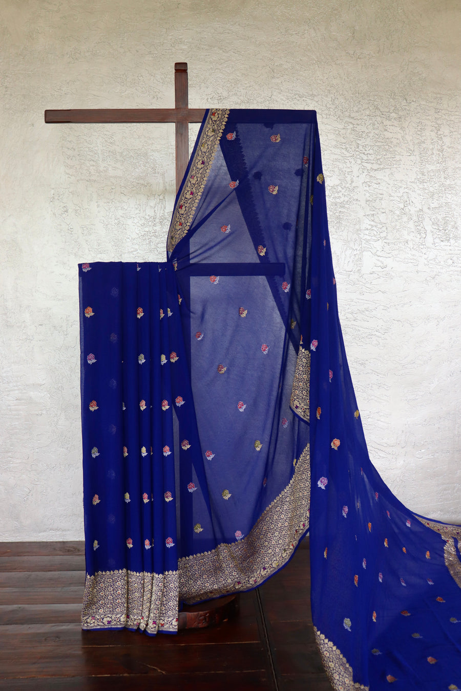 Royal Blue Rose Buti Banarsi Georgette Silk Saree