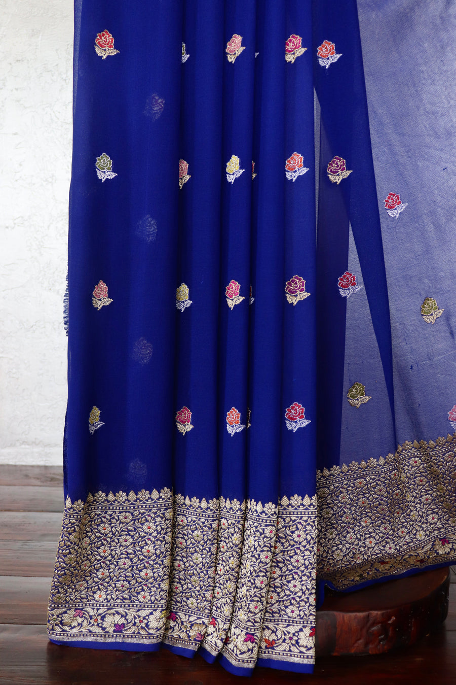 Royal Blue Rose Buti Banarsi Georgette Silk Saree