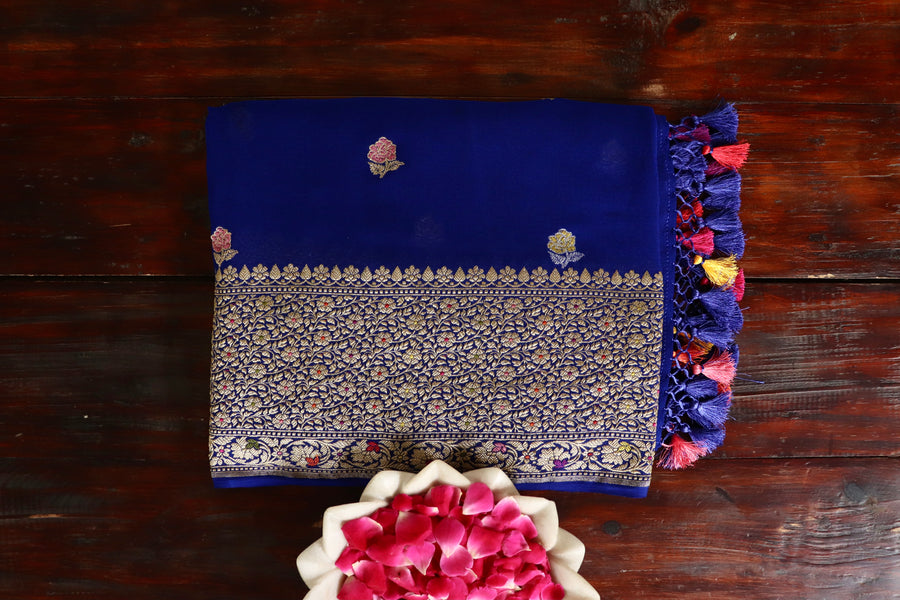 Royal Blue Rose Buti Banarsi Georgette Silk Saree