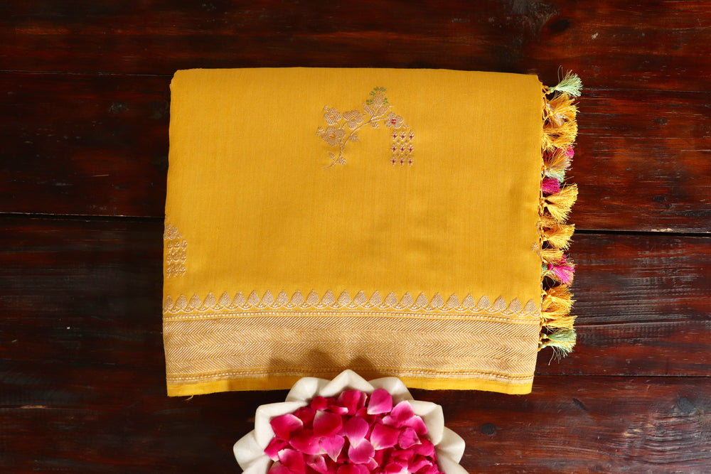 Marigold Meenakari Buti Kadhua Motif Munga Silk Handloom Saree