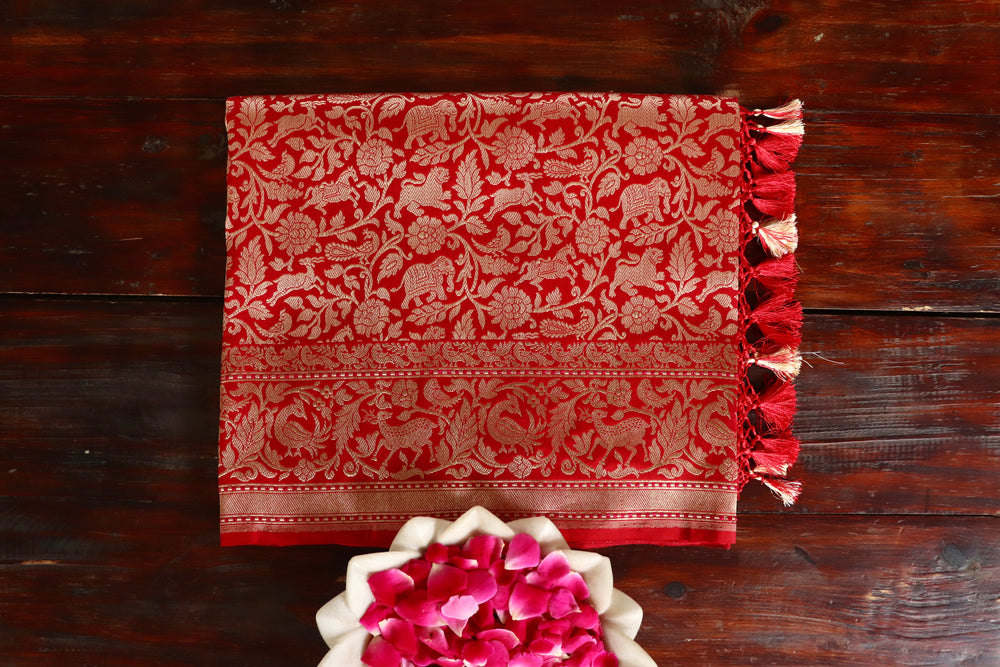 Red Shikargah Pure Silk Handloom Banarasi Saree