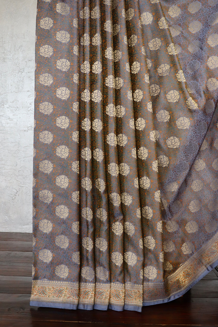 Grey Jamawar Tanchoi Satin Silk Saree