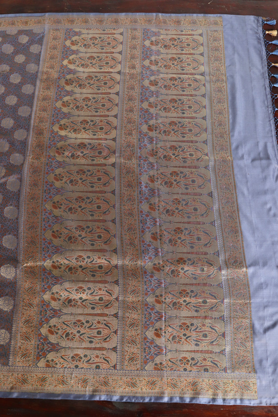 Grey Jamawar Tanchoi Satin Silk Saree
