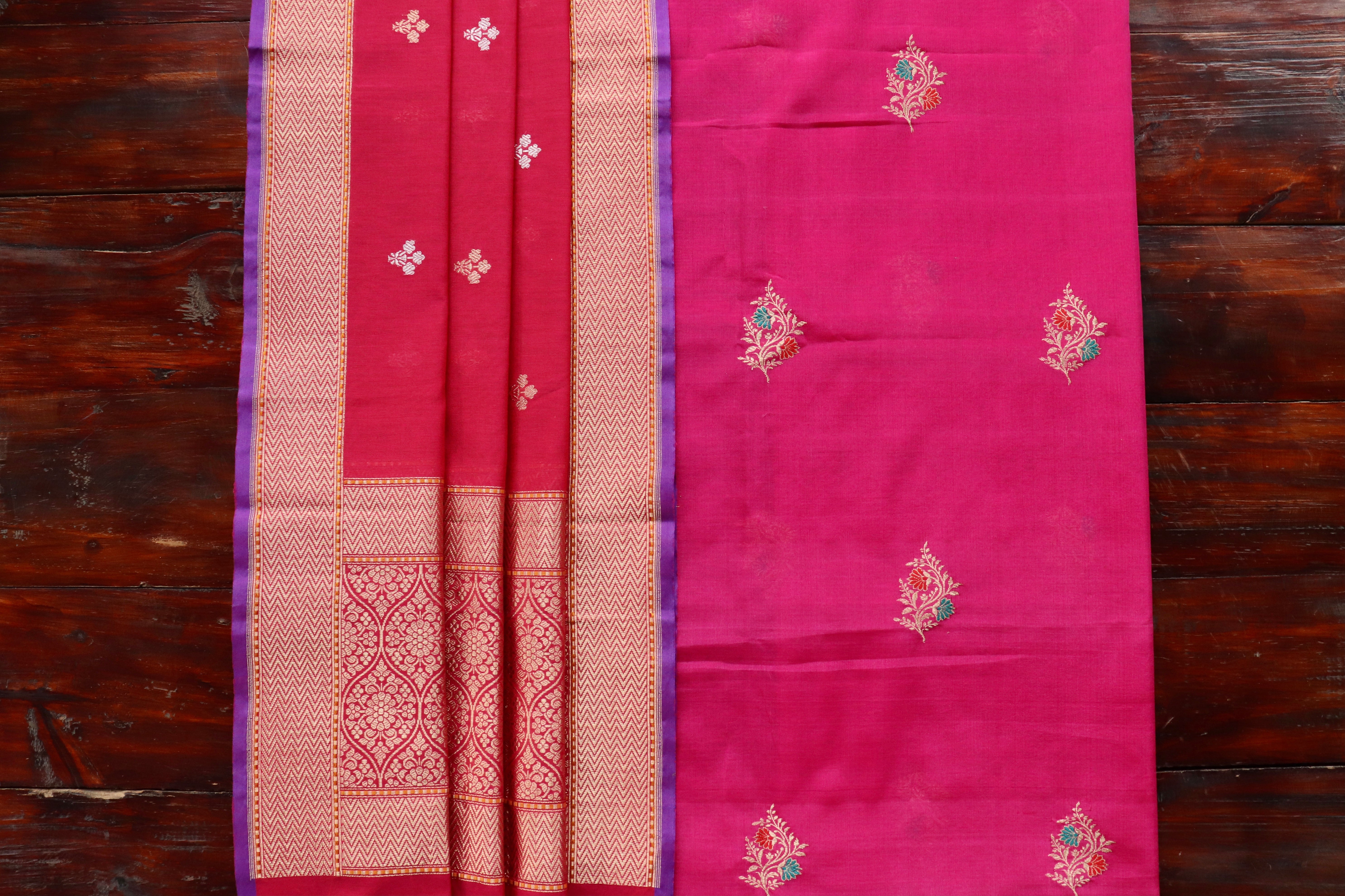 Rani Pink handloom Banarsi suit set with buti motifs in pure silk