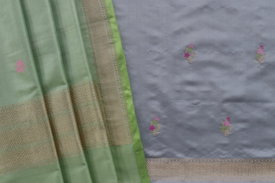 Dove Grey Meenakari Buti Banarsi Silk Suit Set