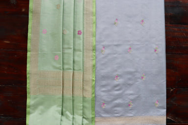Grey handloom Banarsi suit set with buti motifs in pure silk