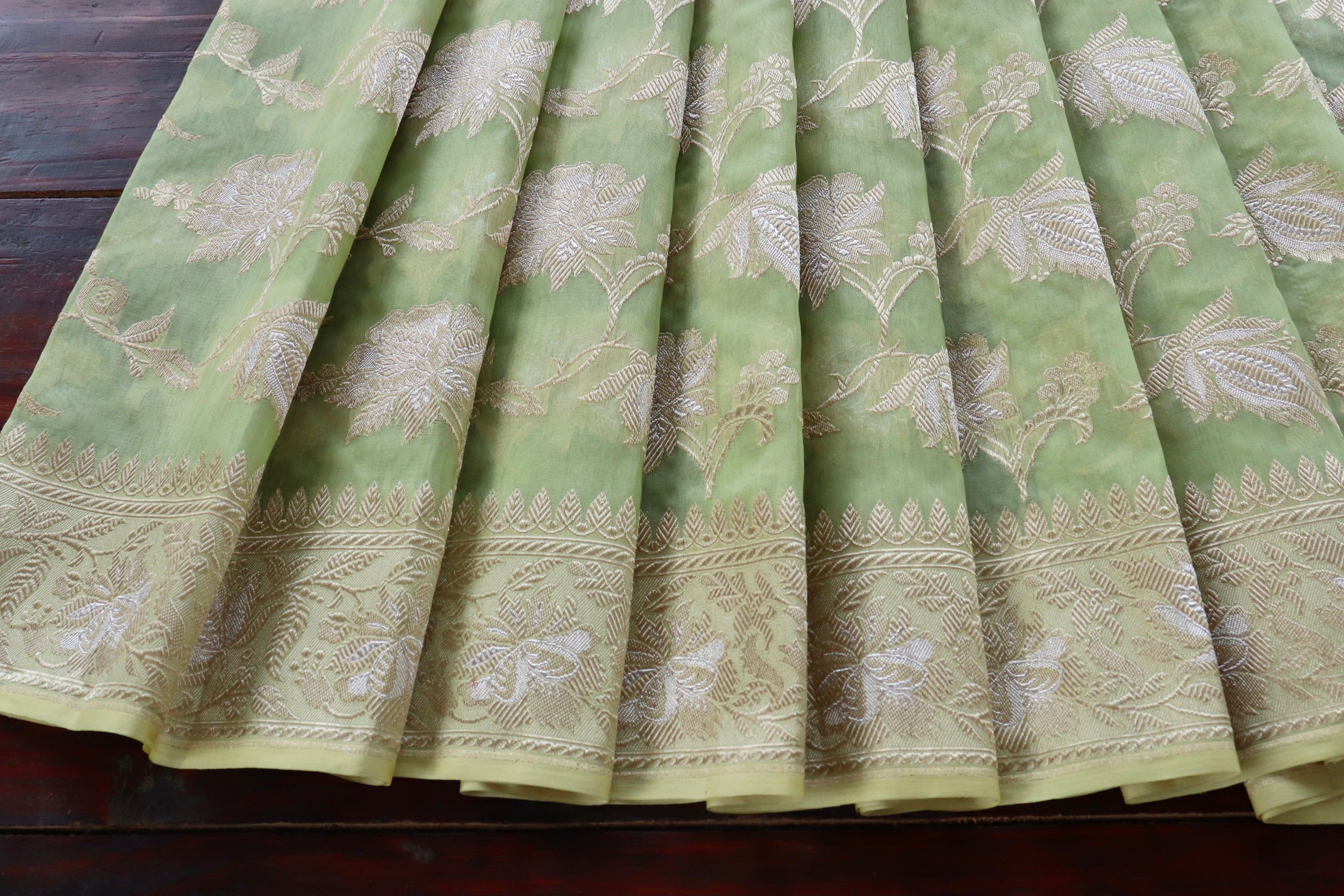 Lime Green Chinar Jangla Pure Kora Silk Handloom Banarasi Saree