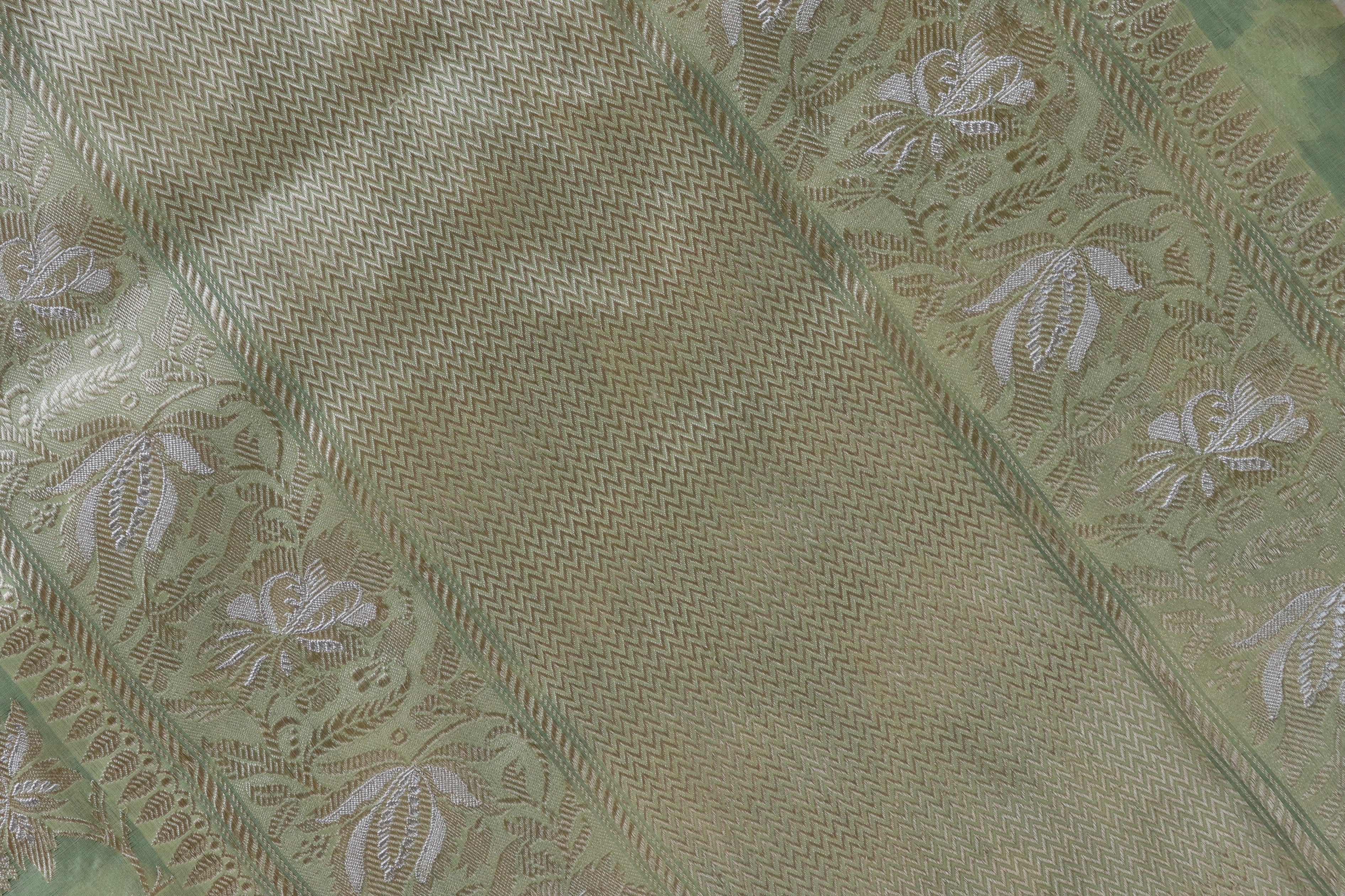 Lime Green Chinar Jangla Pure Kora Silk Handloom Banarasi Saree