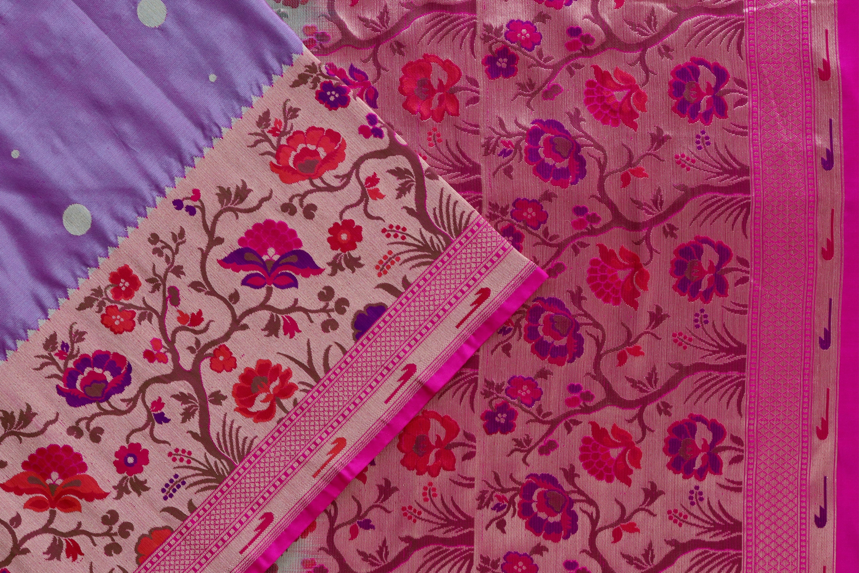 Purple & Pink Meenadar Silk Kadiyal Banarasi Saree
