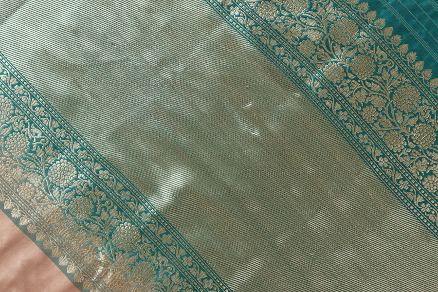 Pleat detail of Beige & Green Kadiyal Katan saree
