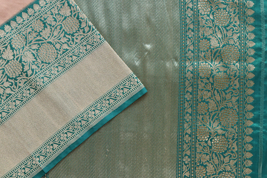 Full drape of Beige & Green Kadiyal pure Katan silk Banarasi saree