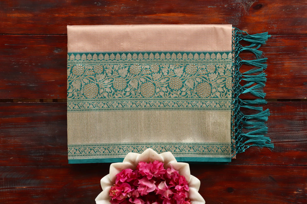 Beige handloom Banarsi saree with kadiyal motifs in pure Katan silk