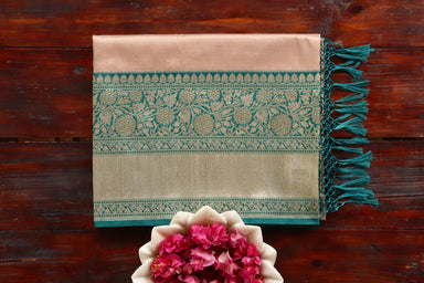 Beige handloom Banarsi saree with kadiyal motifs in pure Katan silk
