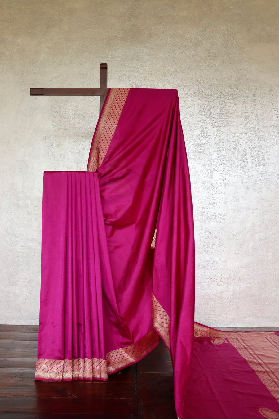 Magenta Zari Border Ektara Pure Katan Silk Handloom Saree