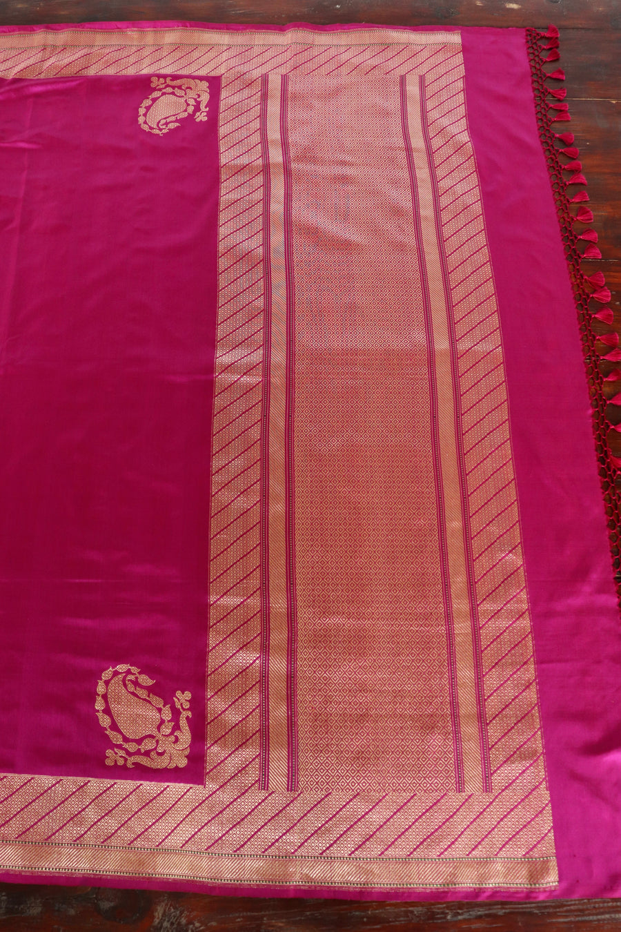 Magenta Zari Border Ektara Pure Katan Silk Handloom Saree