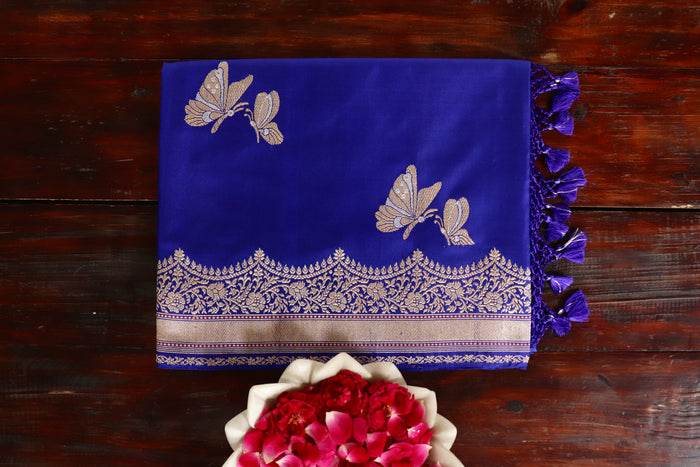 handloom Banarsi saree with buti motifs in pure Katan silk