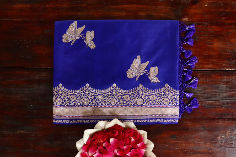 handloom Banarsi saree with buti motifs in pure Katan silk