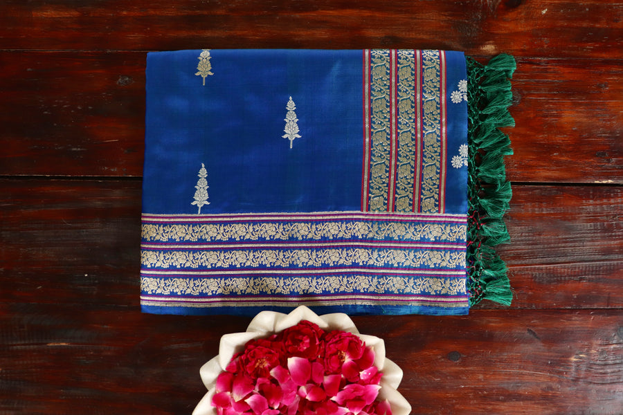 Royal Blue handloom Banarsi saree with buti motifs in pure silk