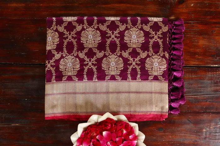 Wine handloom Banarsi saree with jangla motifs in pure silk