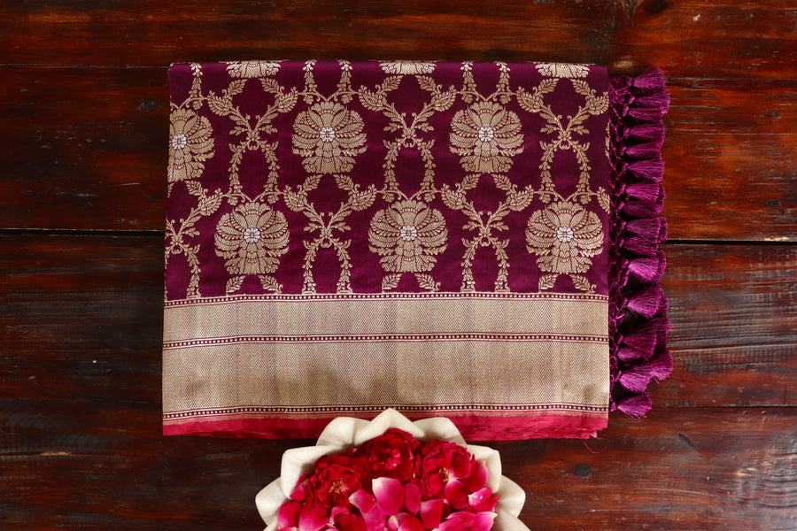 Wine handloom Banarsi saree with jangla motifs in pure silk