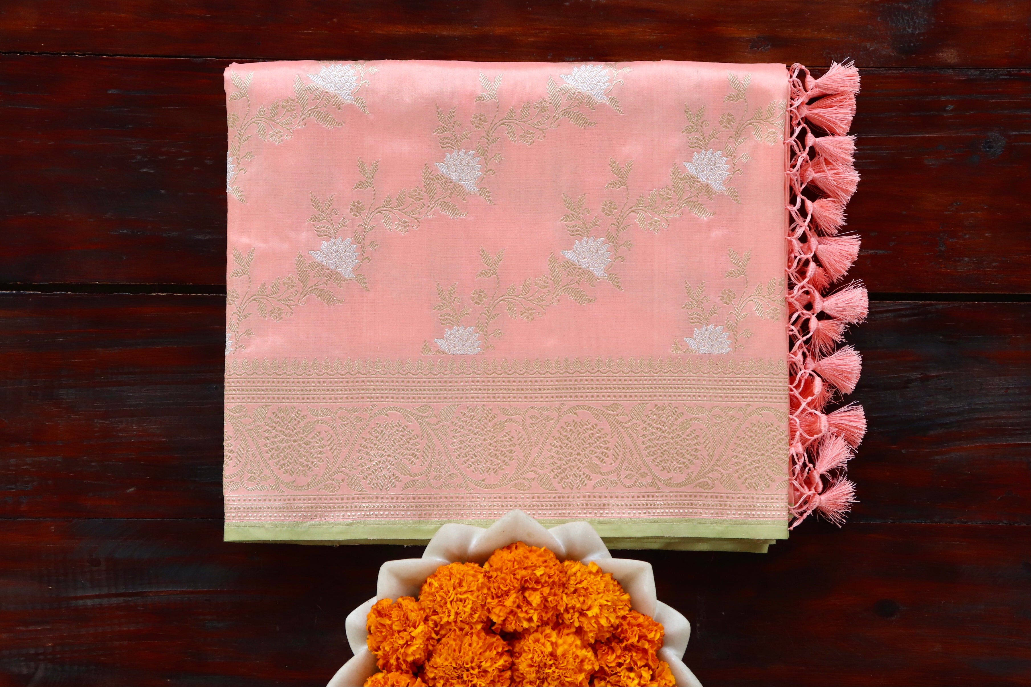 Peach Jamal Jangla Pure Silk Handloom Banarasi Saree