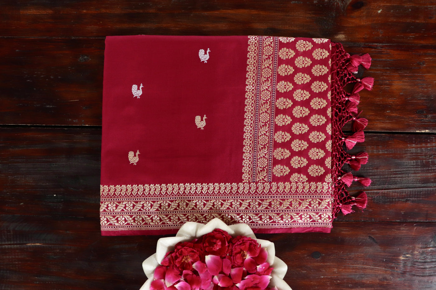 Crimson Peacock Motif Pure Silk Handloom Banarasi Saree