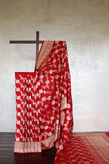 Red Zig Zag Jangla Pure Silk Banarasi Saree | Stuti Weaves