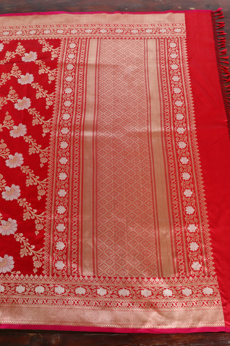 Red Zig Zag Jangla Pure Silk Banarasi Saree | Stuti Weaves