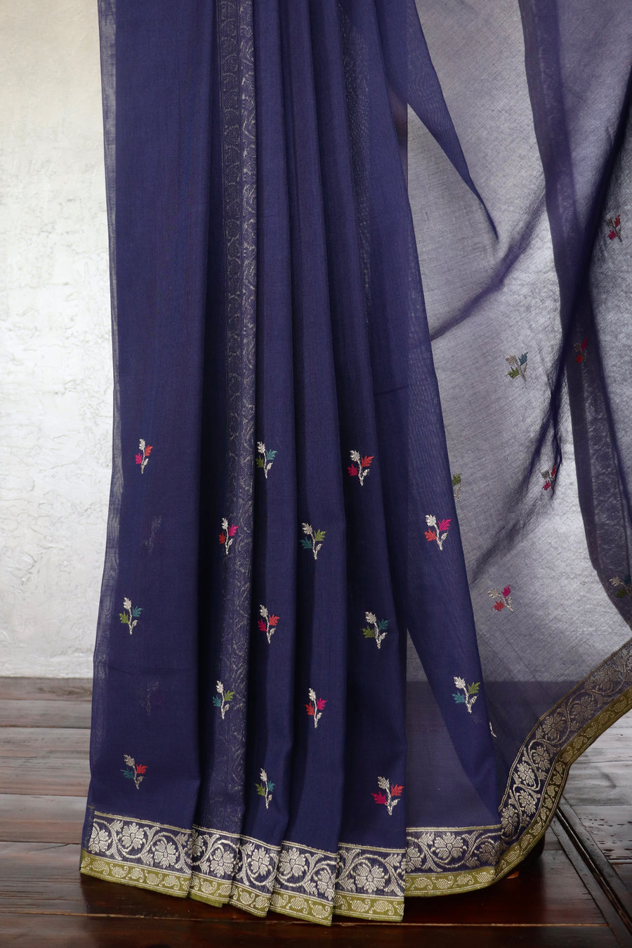 Navy Meenakari Buti Cotton Kadhua Motif Banarasi Handloom Saree