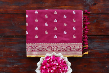 Burgundy handloom Banarsi saree with kadhua motifs in pure silk