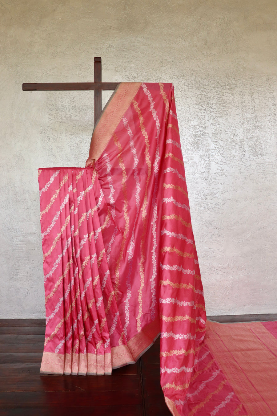 Rose Pink Diagonal Jaal Pure Katan Silk Banarsi Saree