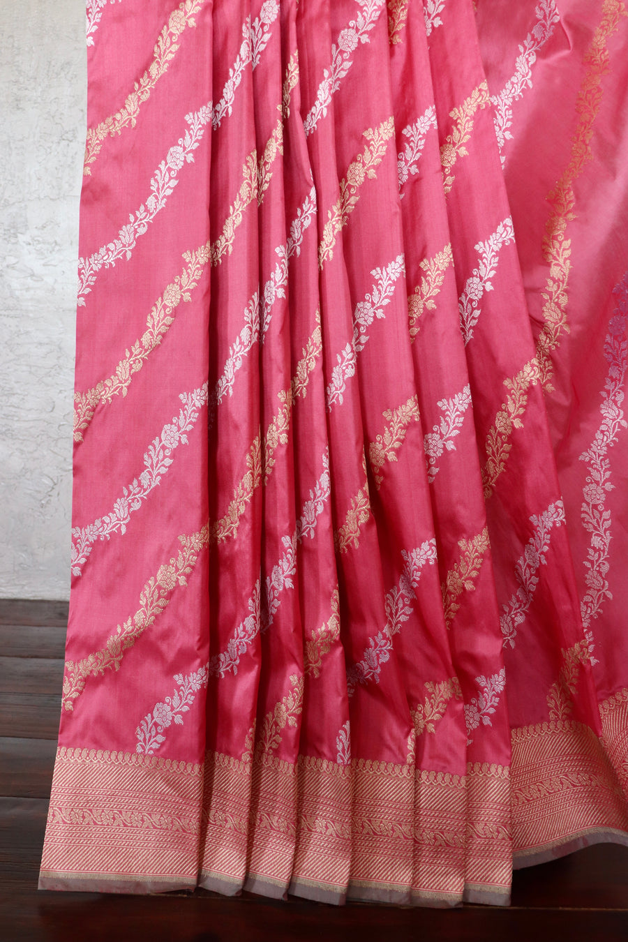 Rose Pink Diagonal Jaal Pure Katan Silk Banarsi Saree