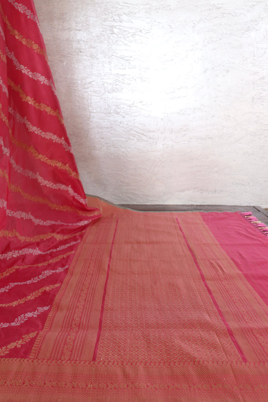 Rose Pink Diagonal Jaal Pure Katan Silk Banarsi Saree