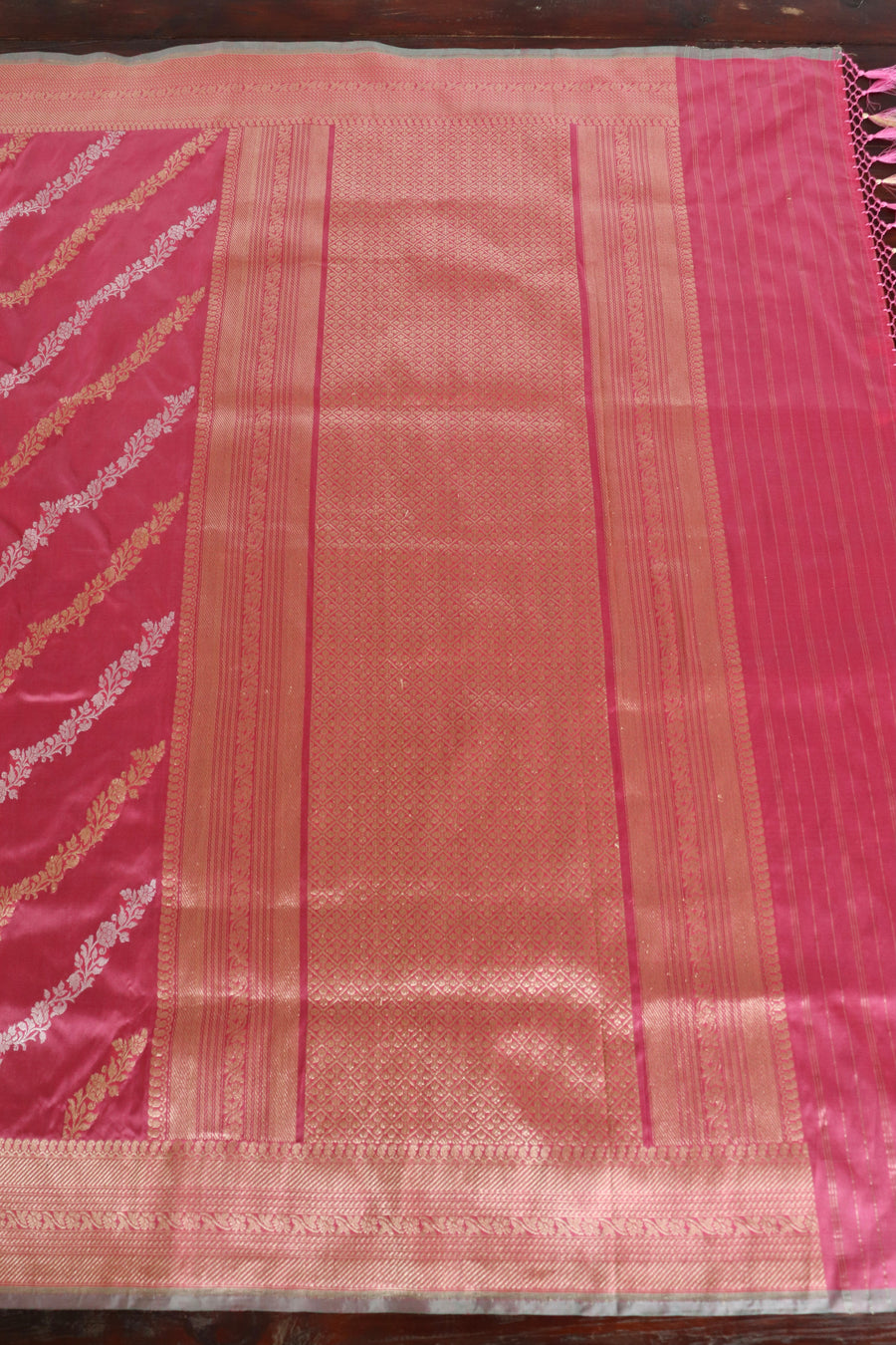 Rose Pink Diagonal Jaal Pure Katan Silk Banarsi Saree