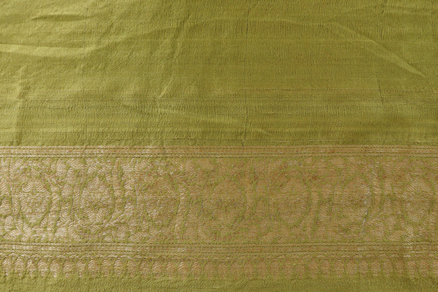 Olive Floral Buti Floral Pure Tussar Silk Handloom Banarasi Saree