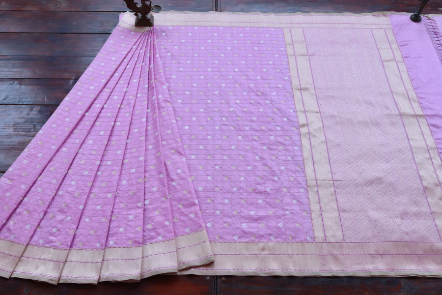 Pink Check Pure Silk Handloom Banarasi Saree