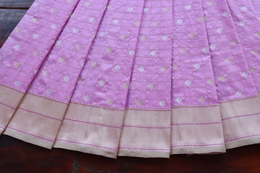 Pink Check Pure Silk Handloom Banarasi Saree