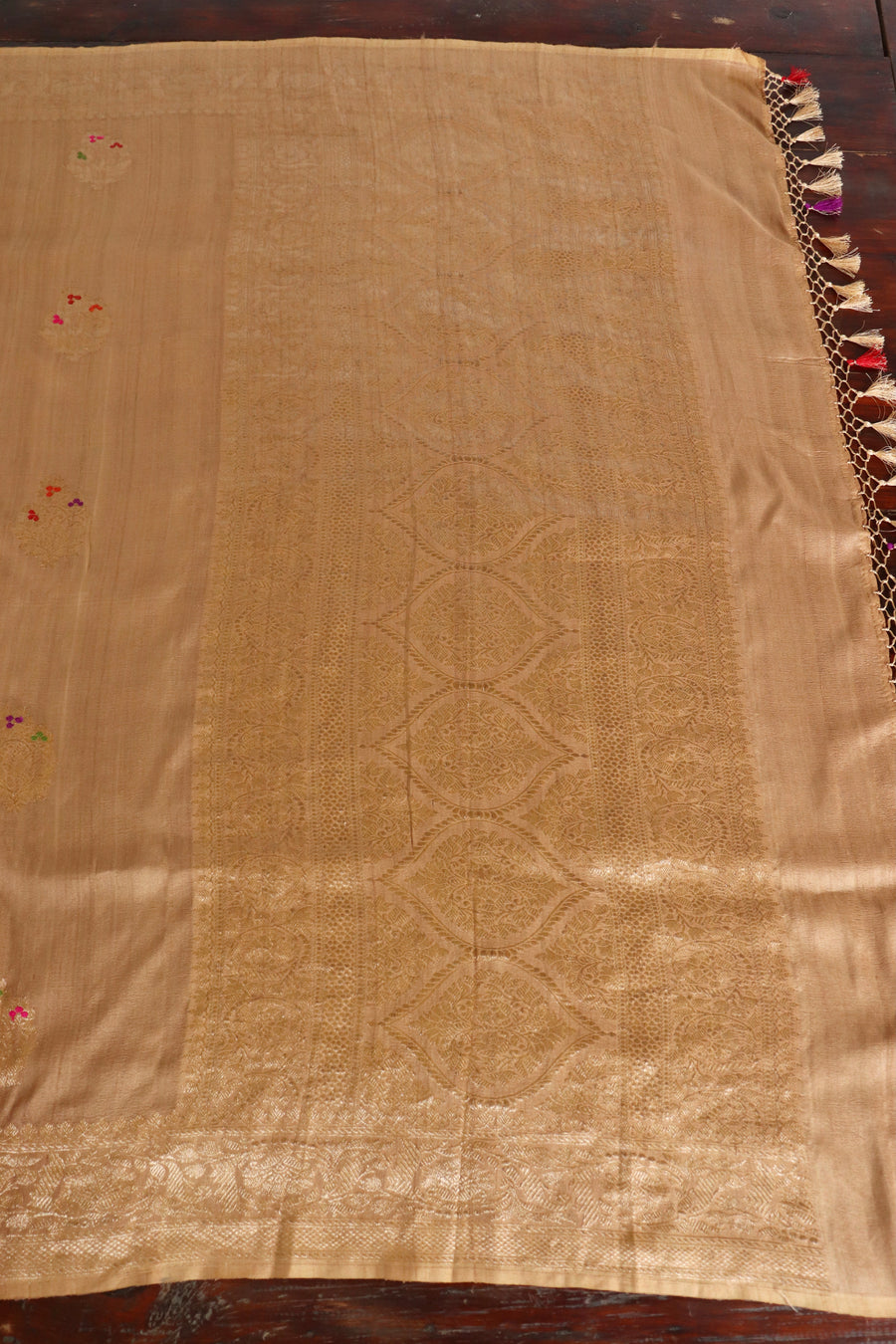 Beige Brown Floral Buti Floral Pure Tussar Silk Handloom Banarasi Saree