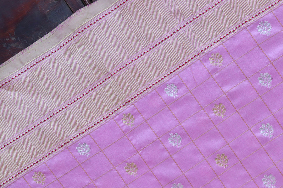 Pink Check Pure Silk Handloom Banarasi Saree
