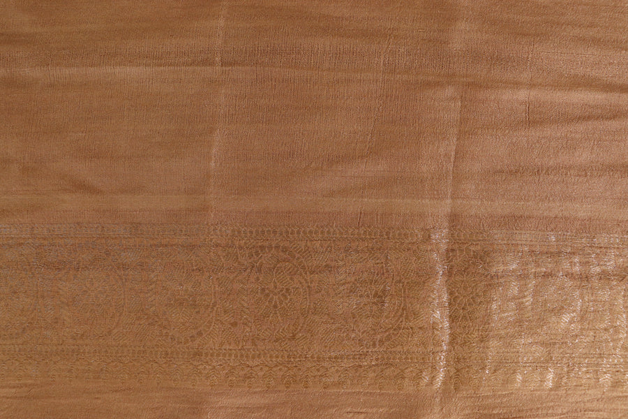 Beige Brown Floral Buti Floral Pure Tussar Silk Handloom Banarasi Saree