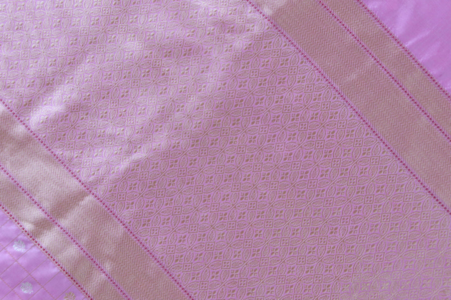 Pink Check Pure Silk Handloom Banarasi Saree