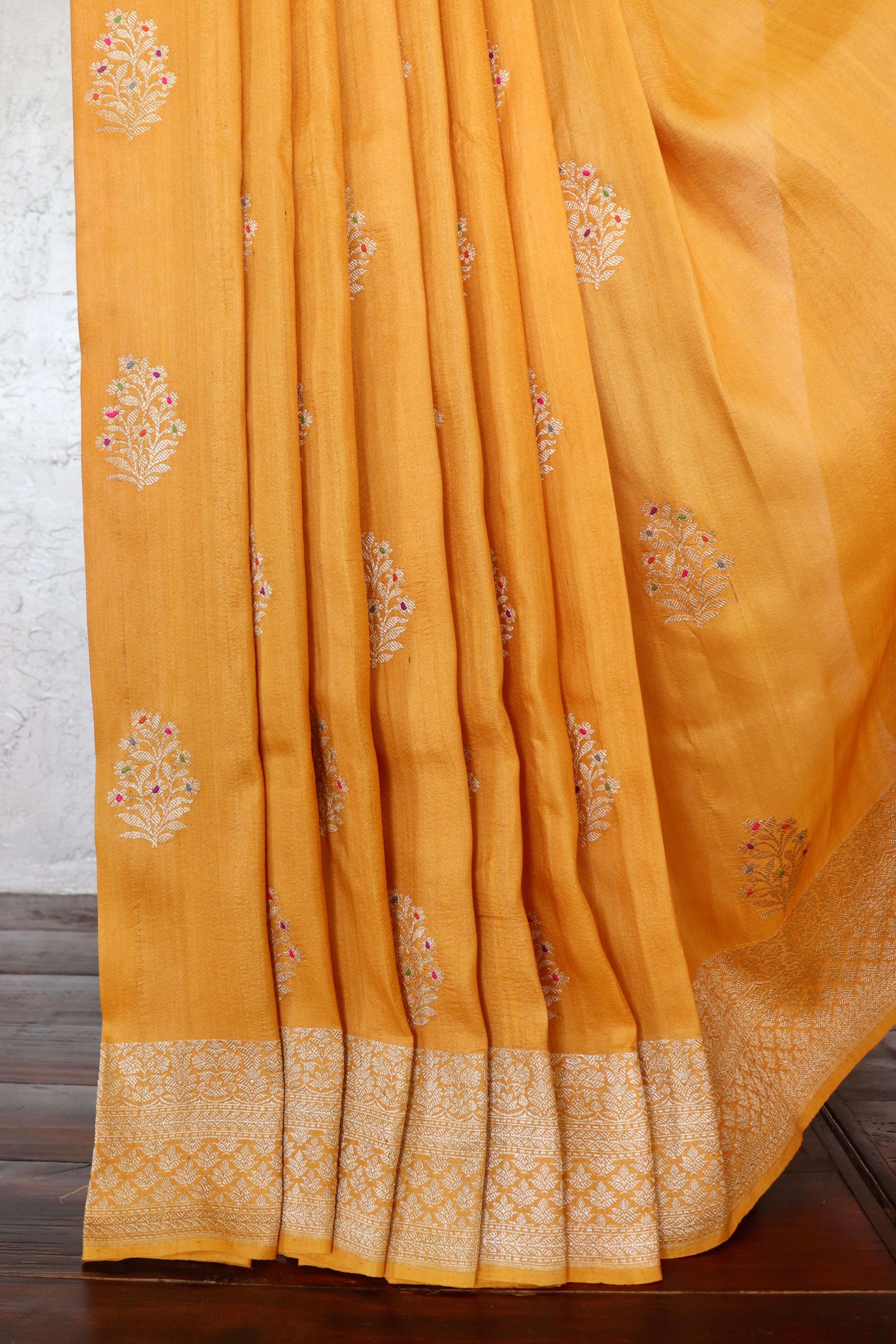 Marigold Floral Buti Pure Tussar Silk Handloom Banarasi Saree