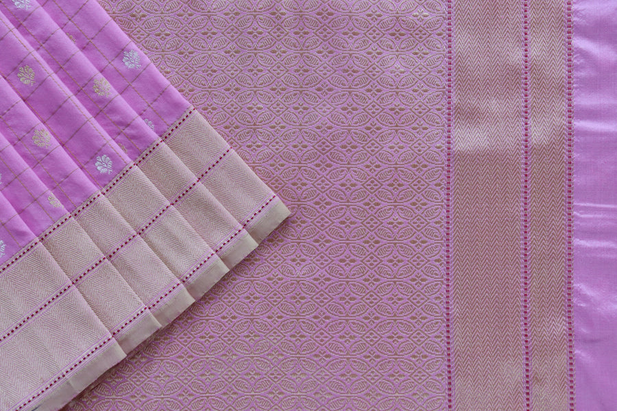 Pink Check Pure Silk Handloom Banarasi Saree