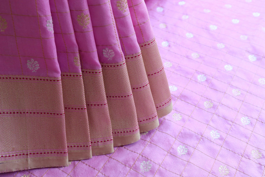 Pink Check Pure Silk Handloom Banarasi Saree