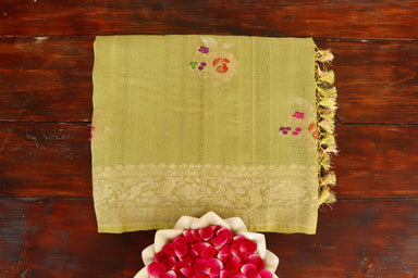 Olive handloom Banarsi saree with buti motifs in Tussar silk