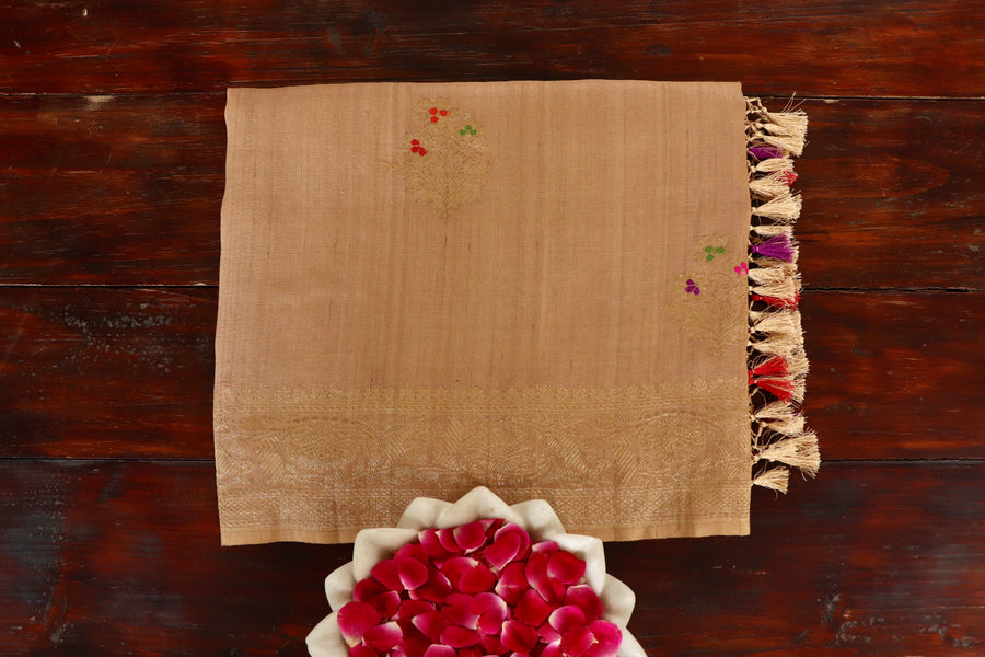 Beige Brown Floral Buti Floral Pure Tussar Silk Handloom Banarasi Saree