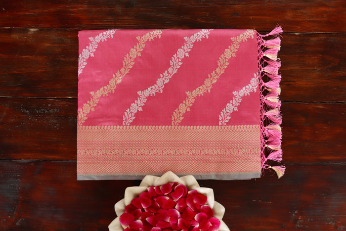 Rose Pink Diagonal Jaal Pure Katan Silk Banarsi Saree